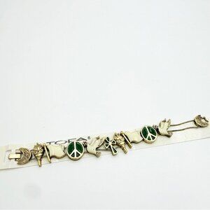 TOFA Vintage Gold-Tone Charm Necklace Peace Sign, Dove, Torch & Enamel Accents